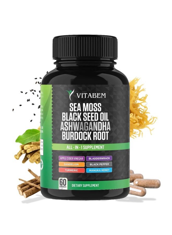 Vitabem Sea Moss Black Seed Oil Ashwagandha Turmeric Bladderwrack Burdock Root | Advanced Sea Moss Capsules All in One Supplement with Seamoss Black Seed Oil Burdock Root Capsules - 60 Count - Image 1